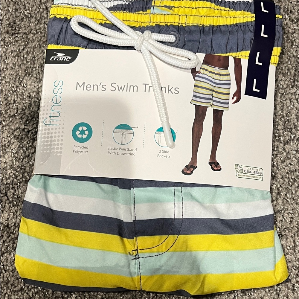 Crane Men's Striped Swim Trunks - Blue, Yellow, and Gray